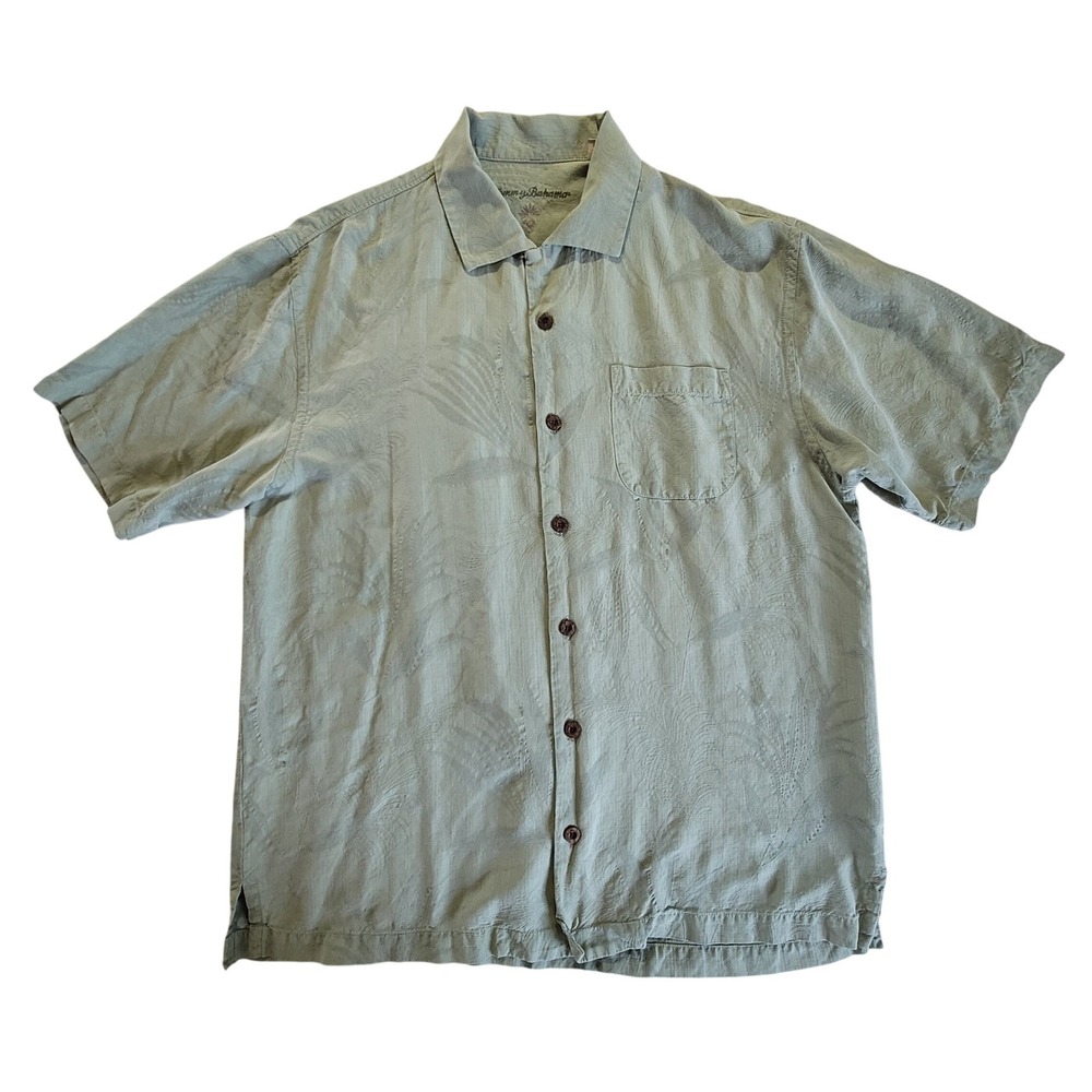 Tommy Bahama Shirt Mens Medium Sage Green‎ 100% Silk Tropical Leaf Jacquard Camp